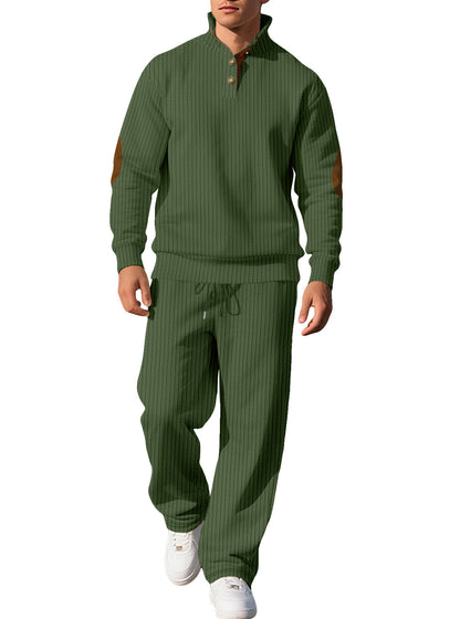 Mens Casual Trousers And Stand-collar Versatile Jacquard Ribbed Knit Top Autumn Outfit Set