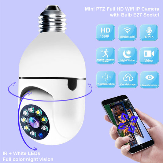 WiFi CAMERA 1080P Bulb 4X Zoom Home 5GWiFi Alarm Monitor