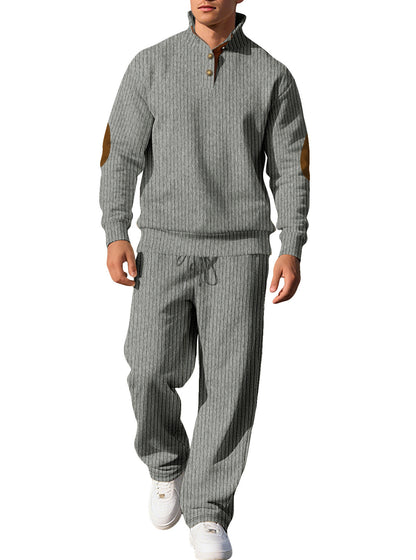 Mens Casual Trousers And Stand-collar Versatile Jacquard Ribbed Knit Top Autumn Outfit Set