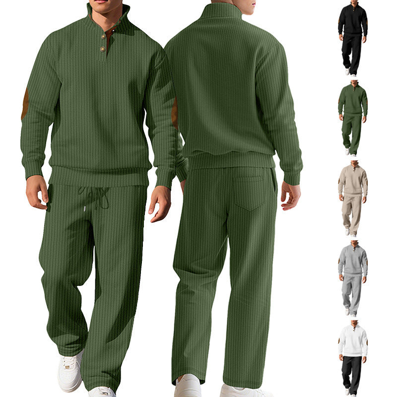 Mens Casual Trousers And Stand-collar Versatile Jacquard Ribbed Knit Top Autumn Outfit Set